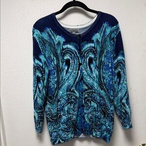 Joseph A Blue Paisley button up Sweater very soft